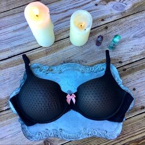 DKNY Black Lace Bra with pink bow, 36DD